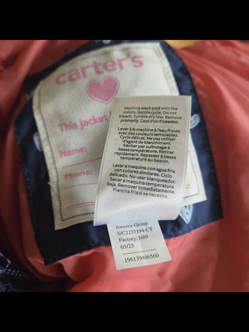 Carter's Navy Puffer Jacket with White Hearts and Pink Interior, 3T